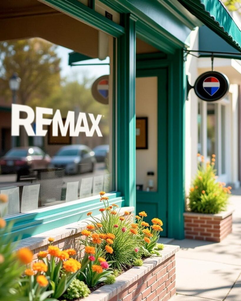 Devanture d’une agence REMAX : le logo REMAX sur la vitrine et l’enseigne au pin REMAX