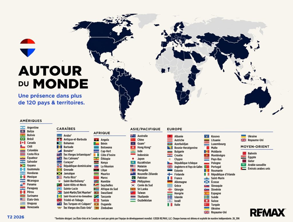 Carte du monde et liste des pays : REMAX est présent dans plus de 120 pays et territoires, dont la Côte d’Ivoire (deuxième trimestre 2026)