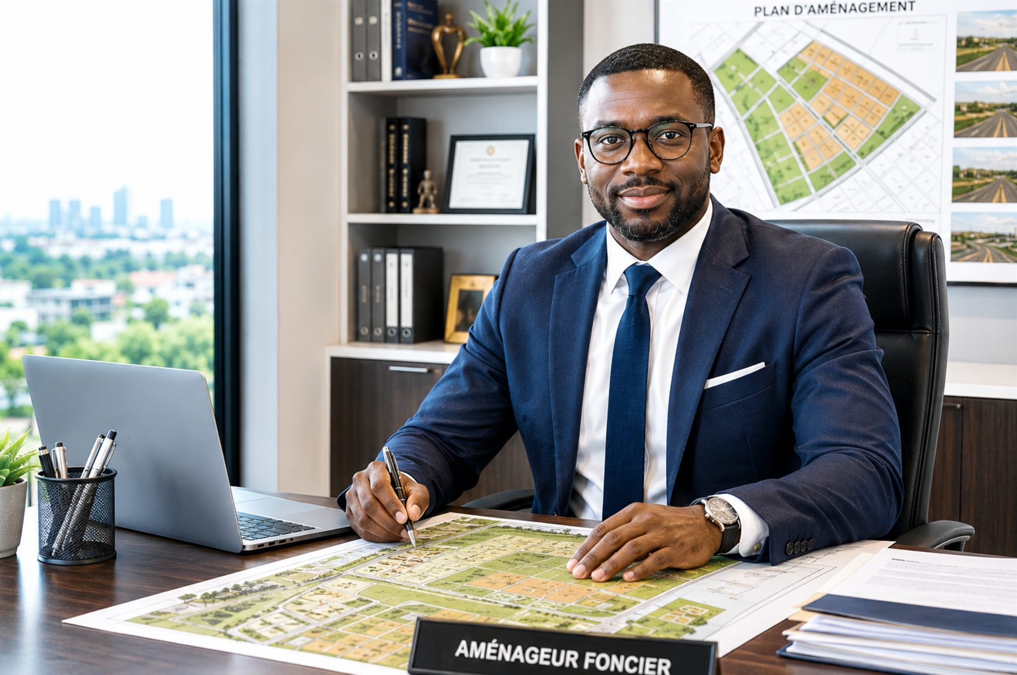 Aménageur foncier à son bureau, plan d’aménagement sur la table